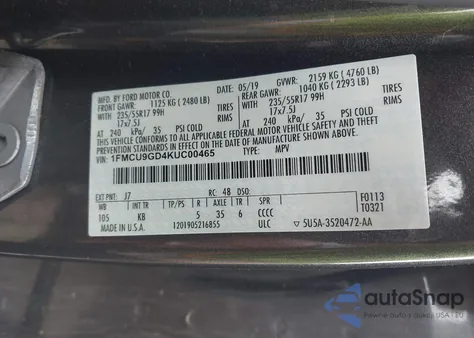 2019 Ford Escape Se from USA, damaged, VIN 1FMCU9GD4KUC00465